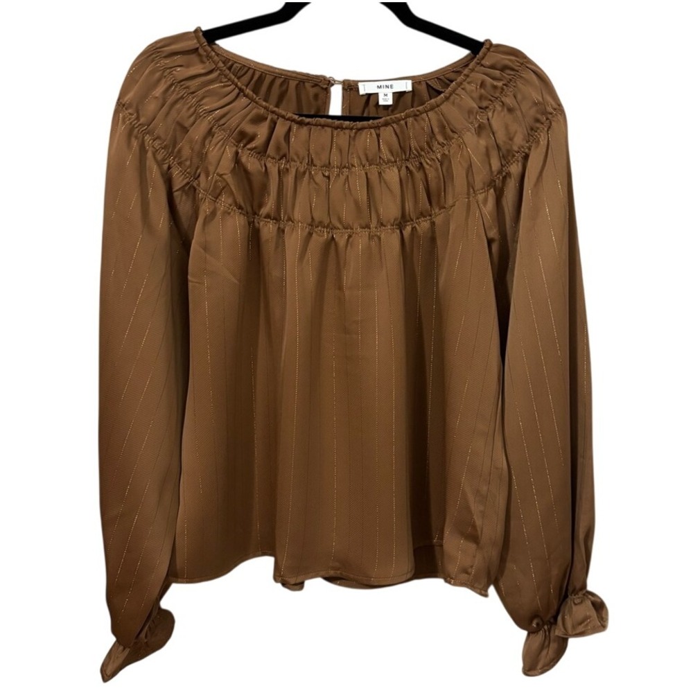 MINE Blouse‎ Womens Medium Brown Gold Lurex Pinstripe Smocked Neck Boho Career
